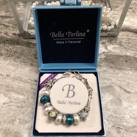 BELLA PERLINA Flip Flop Charm Bracelet, Blue, White, Silver tone New In Box - Picture 1 of 10